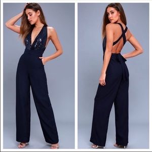 Lulu’s  Navy Blue Open Back Sequin Jumpsuit NEW S